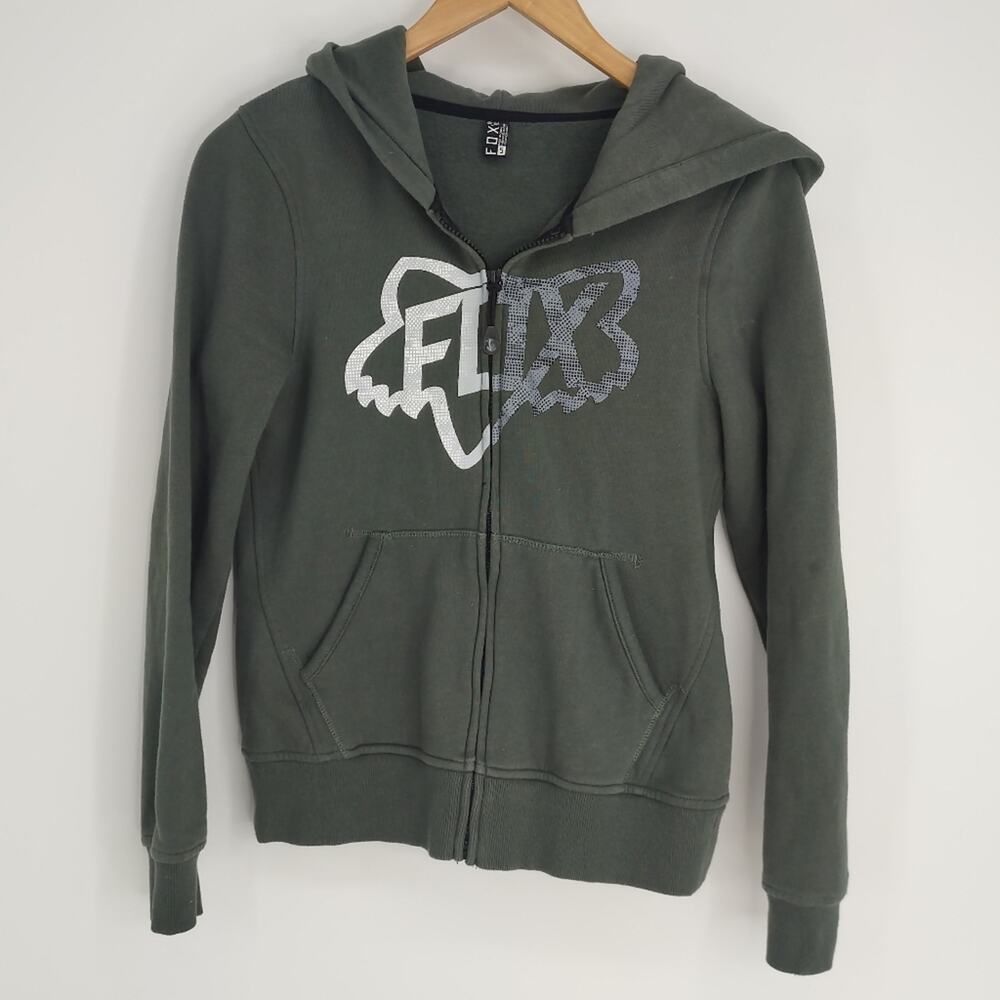 Fox Racing Green Hoodie Zip Up Jacket Sweatshirt Pockets